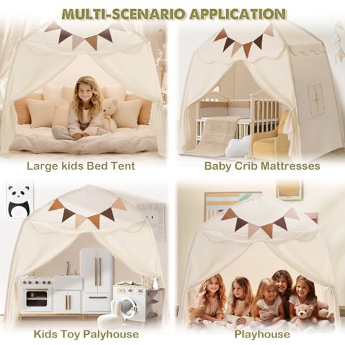 Cream Extra Large Kids Play Tent with Flags & Star Lights, 59x39x59 in H711292