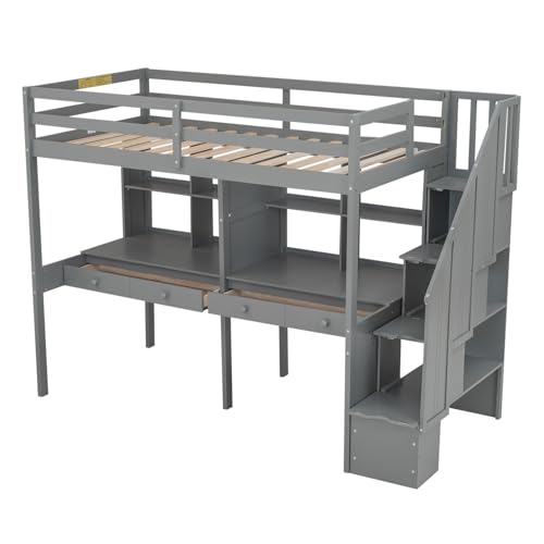 Gray Full Size Wood Loft Bed with Desk, Wardrobe and Three Storage Drawers K396673