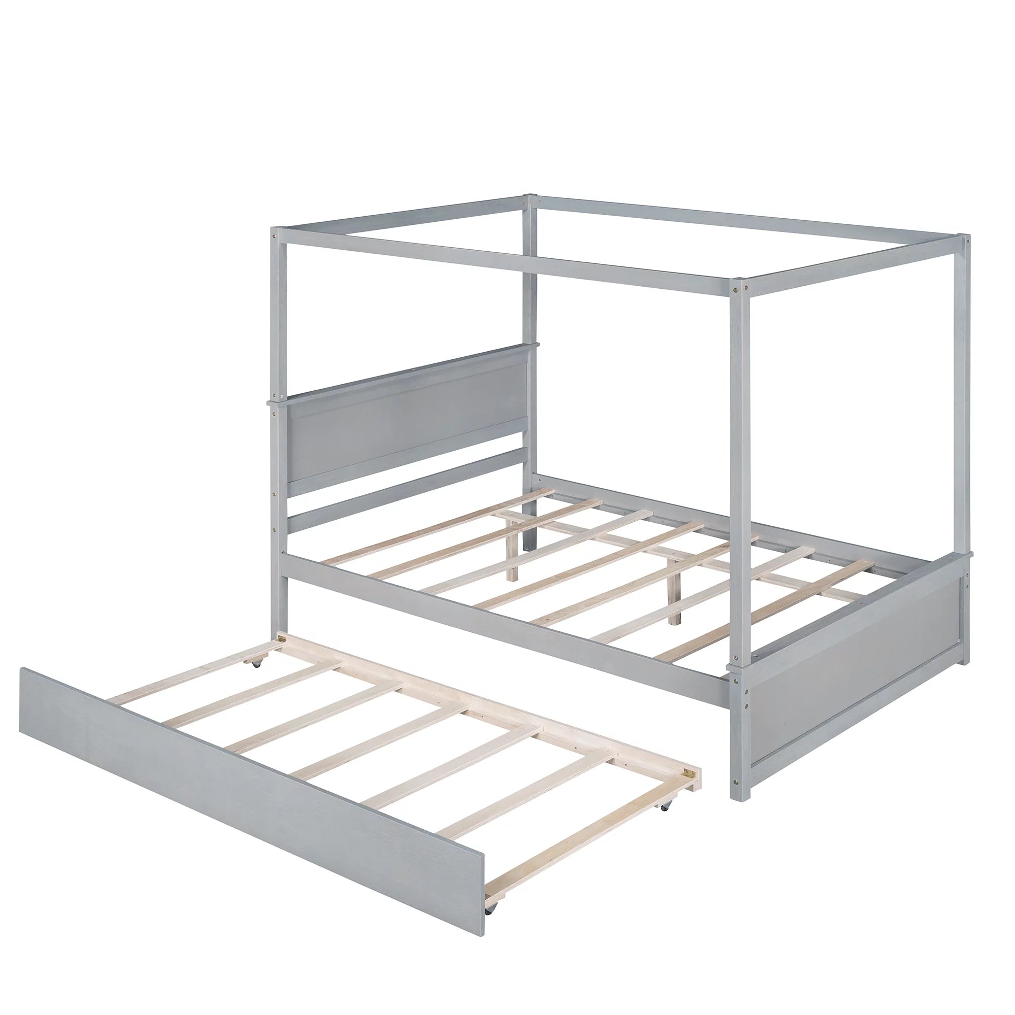 Gray Full Size Wood Canopy Bed with Trundle Bed C8149