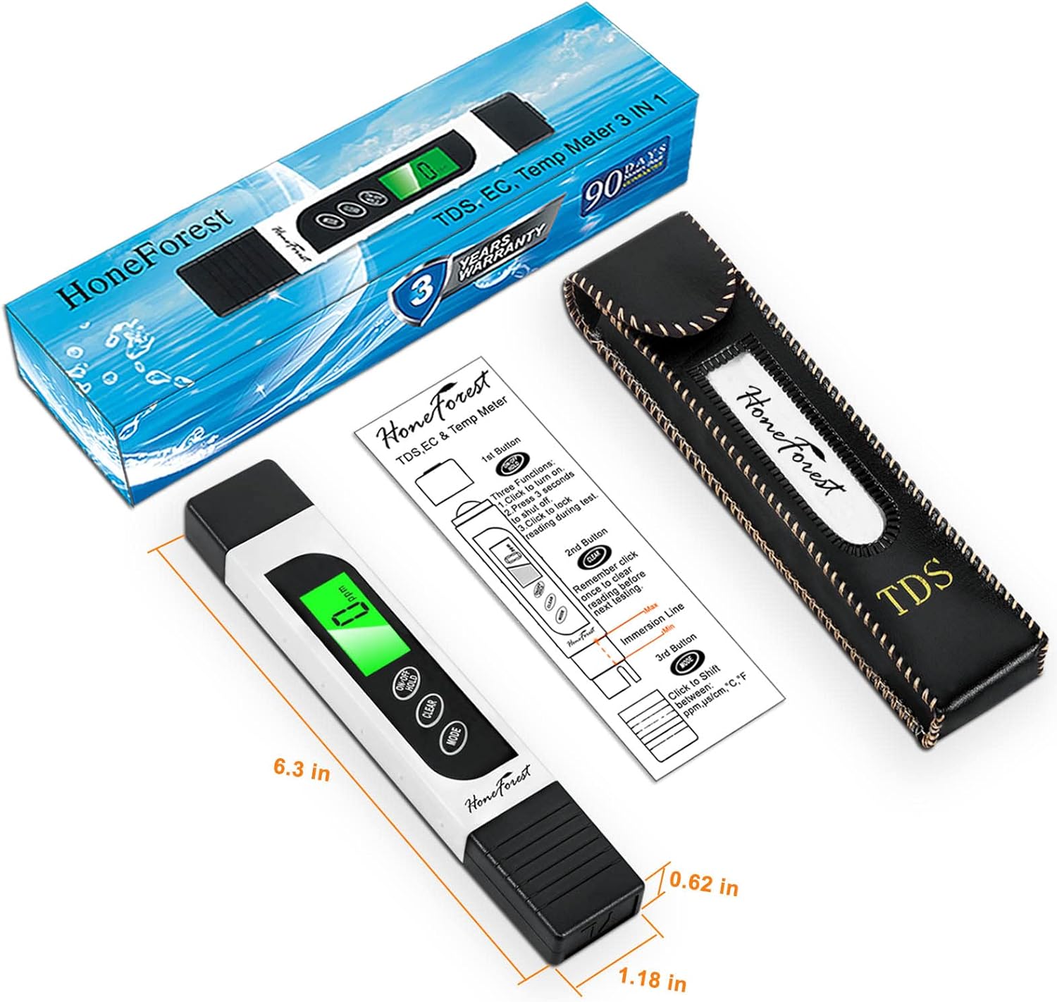 TDS Meter EC Meter Temperature Meter 3 in 1 0-9990ppm A615