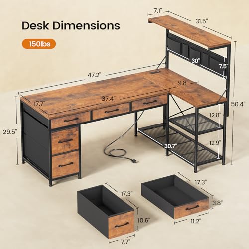 Black L Shaped Gaming Desk with 5 Drawers, Storage Shelves, LED Lights, Power Outlets and Storage Bag N67449