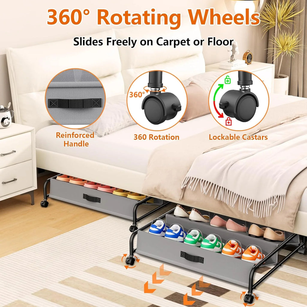 2 Pack Rolling Under Bed Shoe Storage with Breathable Mesh Pockets L30994