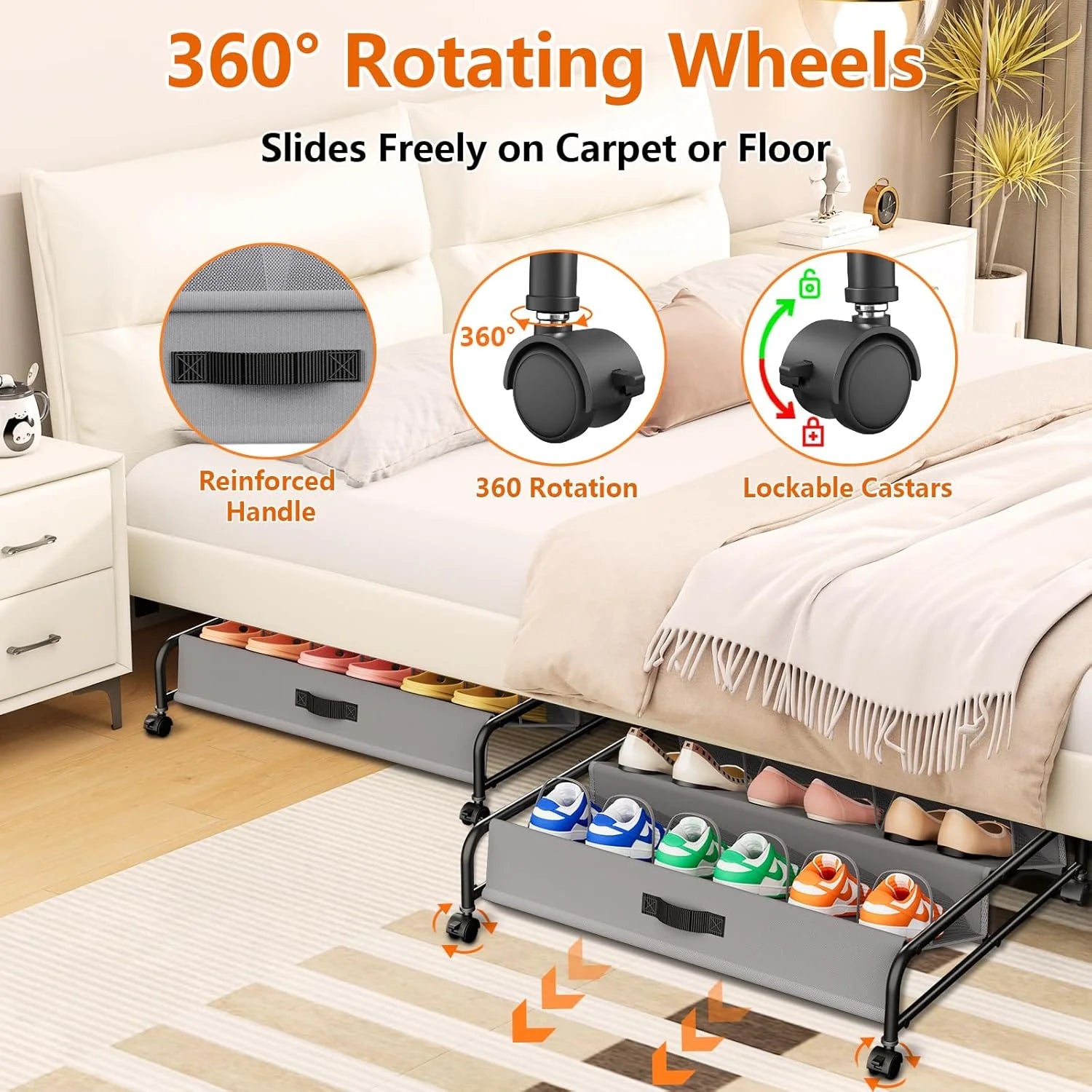 2 Pack Rolling Under Bed Shoe Storage with Breathable Mesh Pockets L30994