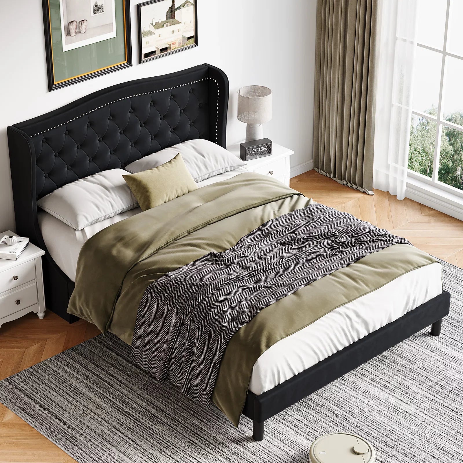 Black Full Bed Frame with Wing-Back Button Tufted Upholstered Headboard and Wood Slat Support O735681