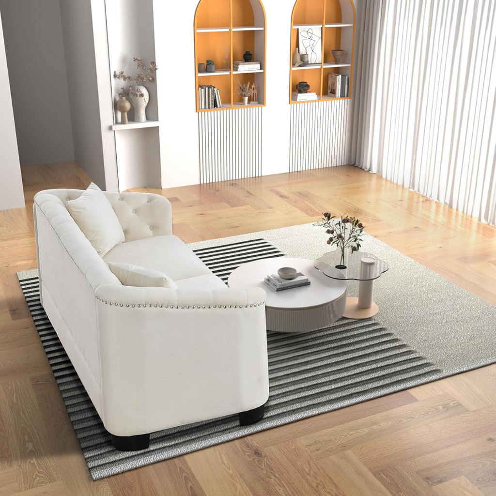 Beige Velvet 3-Seater Sofa with 2 Pillows S5464