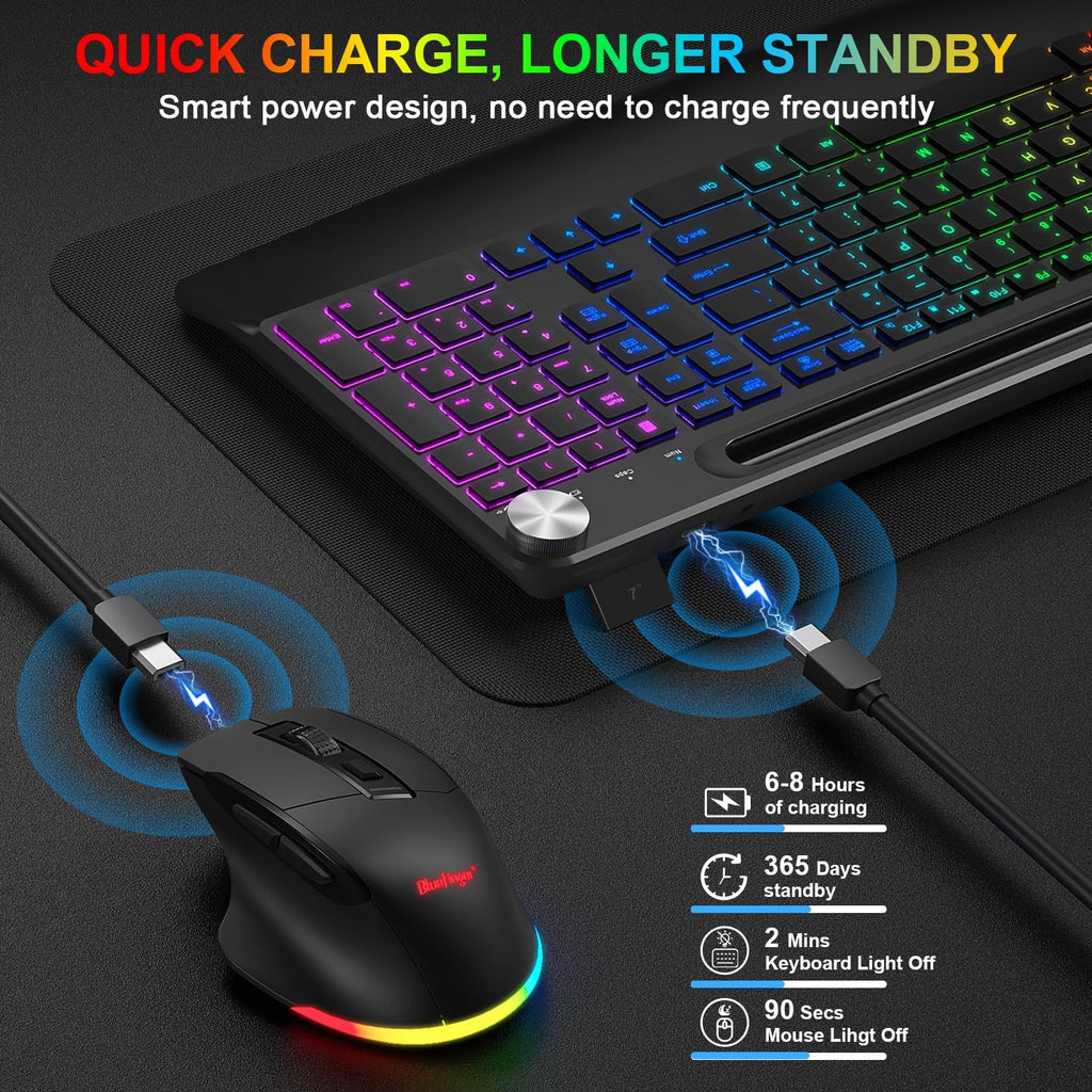 Wireless Keyboard and Mouse Combo, 2.4G Rechargeable Ergonomic Gaming Keyboard with Wrist Rest J3155