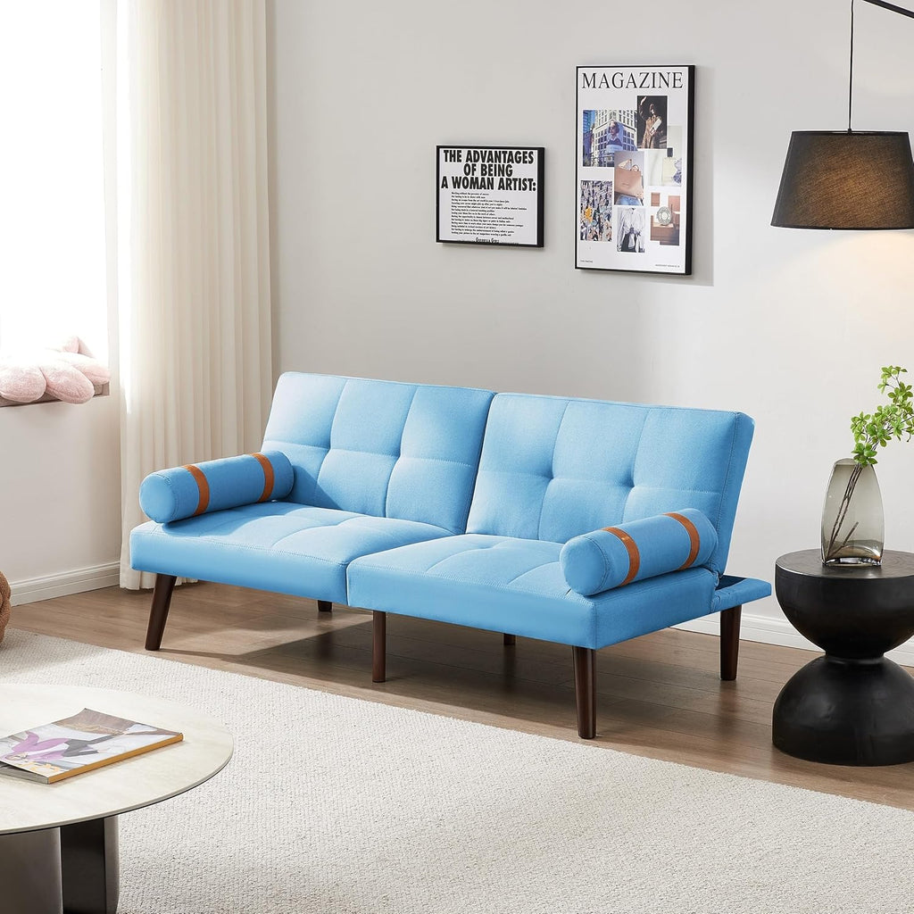 Blue Linen Futon Sofa Loveseat Convertible Sleeper Bed with Solid Wood Legs Adjustable Backrests A642
