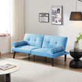 Blue Linen Futon Sofa Loveseat Convertible Sleeper Bed with Solid Wood Legs Adjustable Backrests A642
