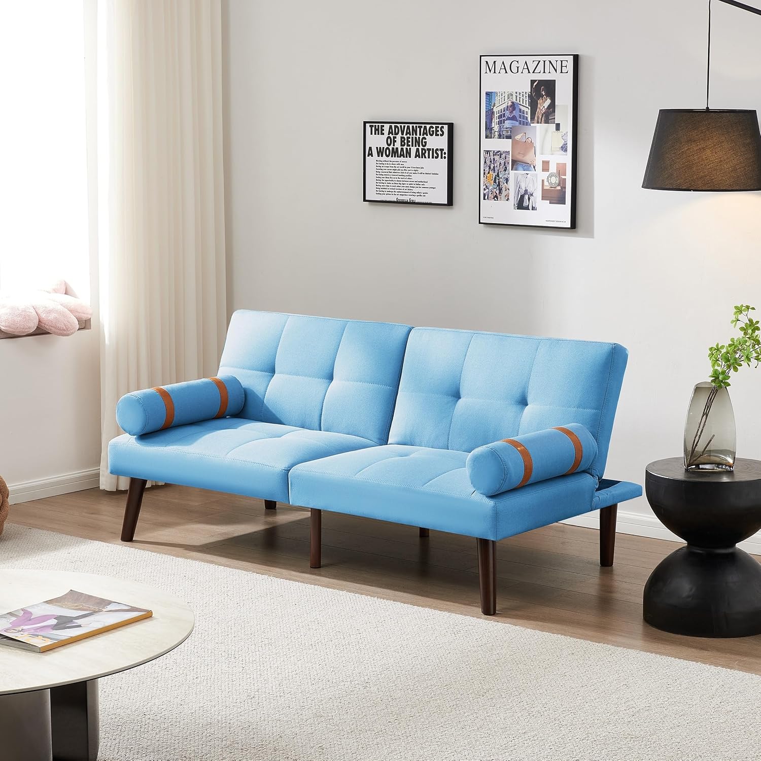 Blue Linen Futon Sofa Loveseat Convertible Sleeper Bed with Solid Wood Legs Adjustable Backrests A642