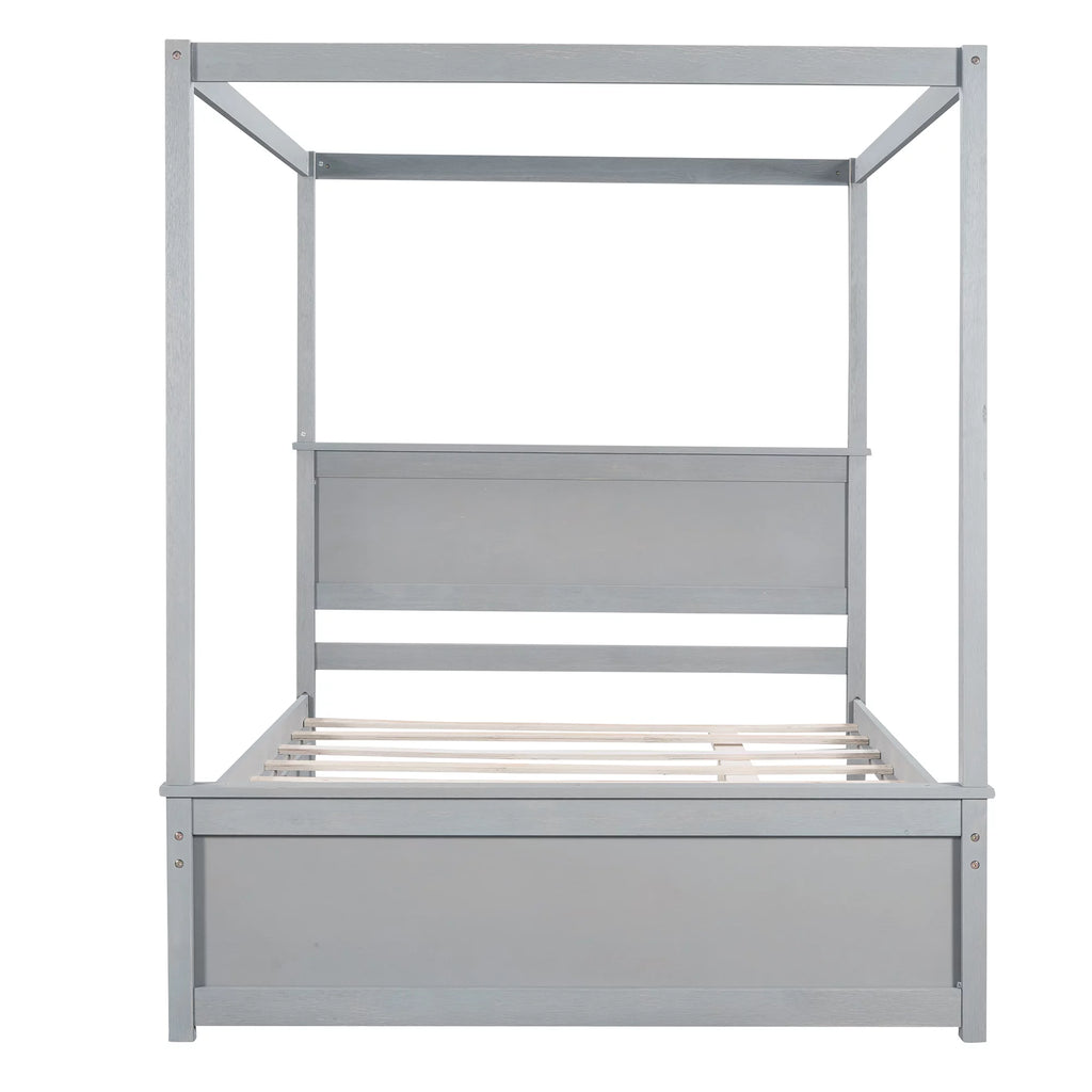 Gray Full Size Wood Canopy Bed with Trundle Bed C8149