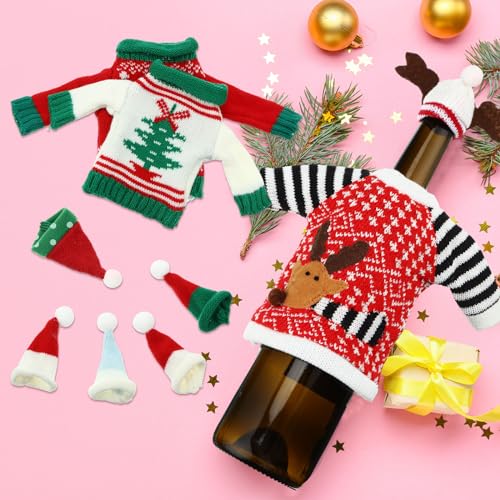 16 Sets Christmas Wine Bottle Sweater Cover with Hat Knitted Dress Snowman Elk Santa X3406