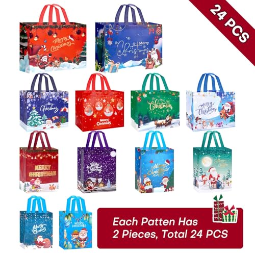 24 Pack Assorted Sizes Reusable Non-Woven Christmas Gift Bags J168926