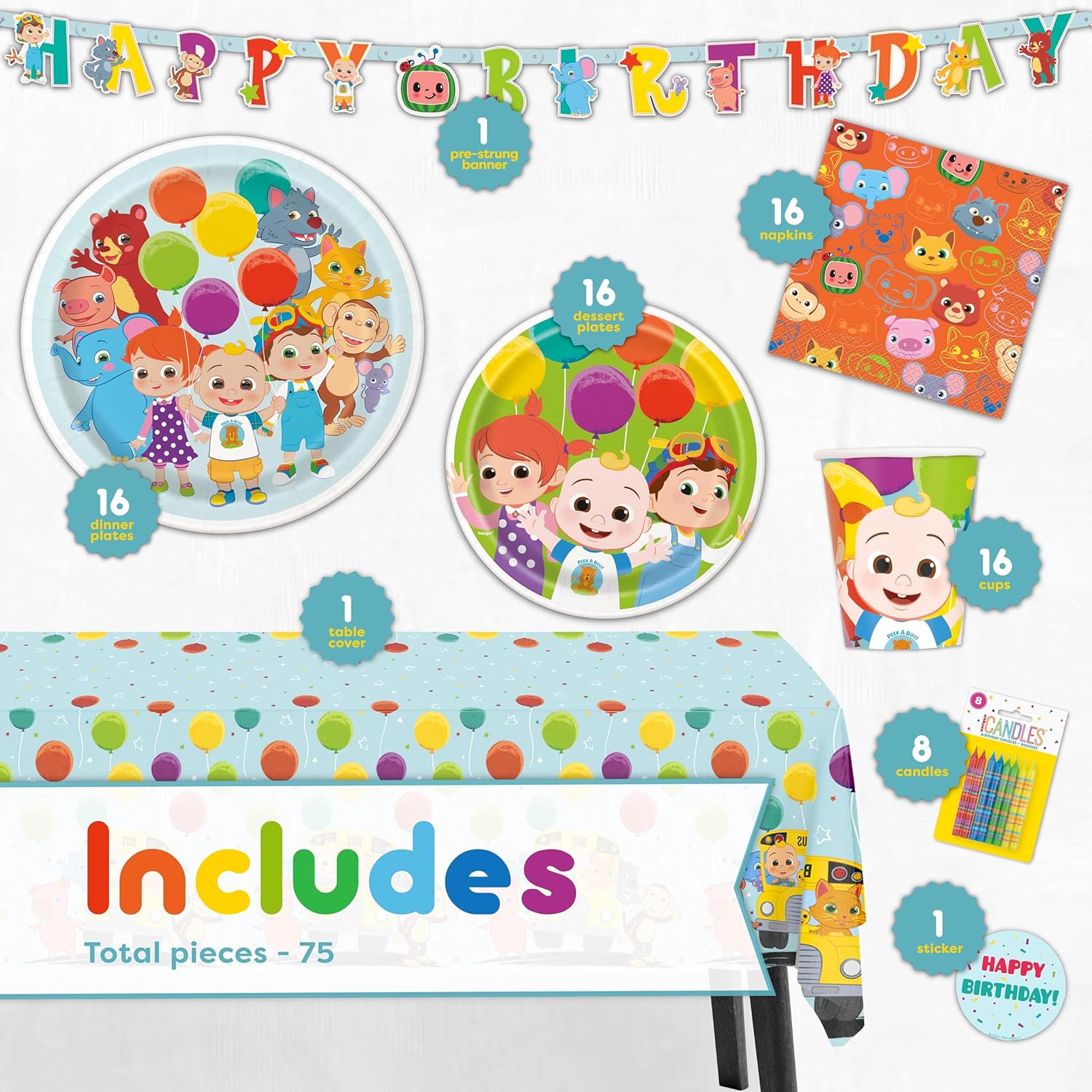 Party Supplies Set Serves 16 Guests with Banner, Table Cover, Plates, Napkins, Cups and Sticker T3316