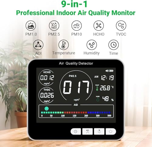14 in 1 Air Quality Monitor Indoor with Beep Alarm, PM1.0|PM2.5|PM10|HCHO|TVOC|AQI|Temperature|Humidity|Time, Battery Powered Air Monitor I5107