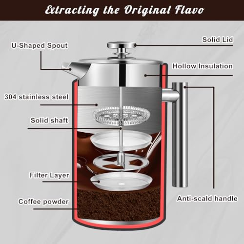34 Ounce Stainless Steel French Press Coffee Maker with 3 Filter Z8437