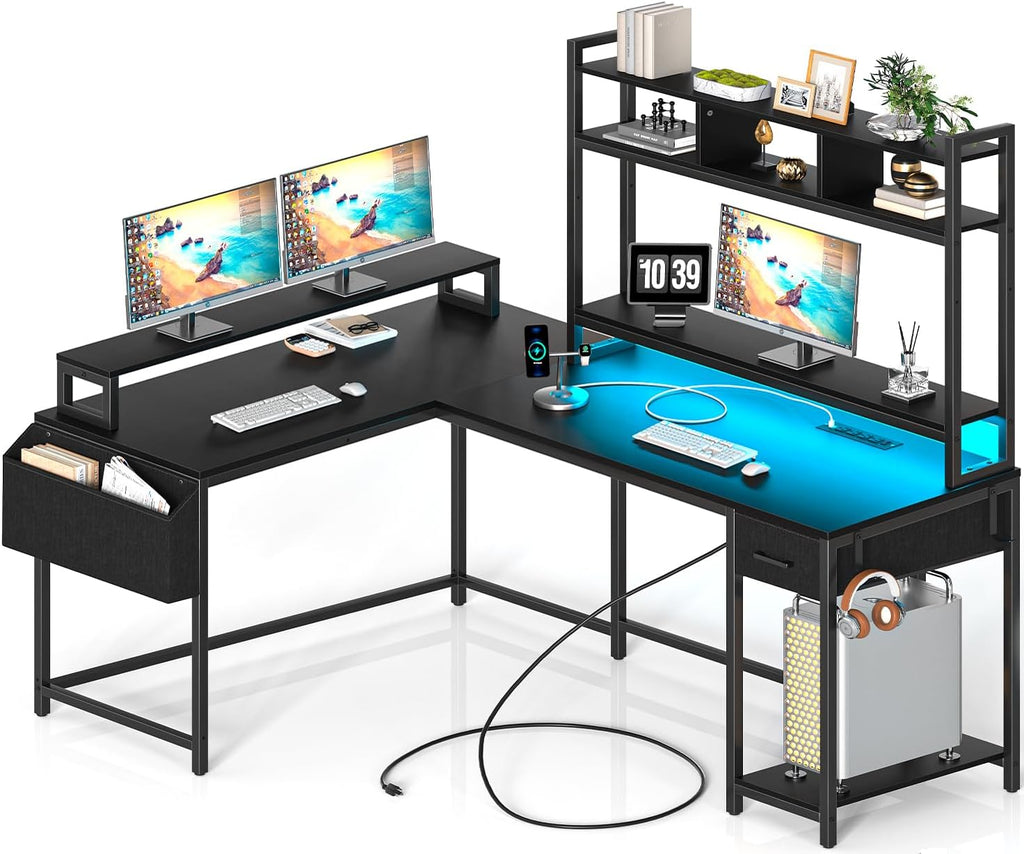 L Shaped Gaming Computer Desk with Monitor Shelf, Power Outlets & LED Lights A7639