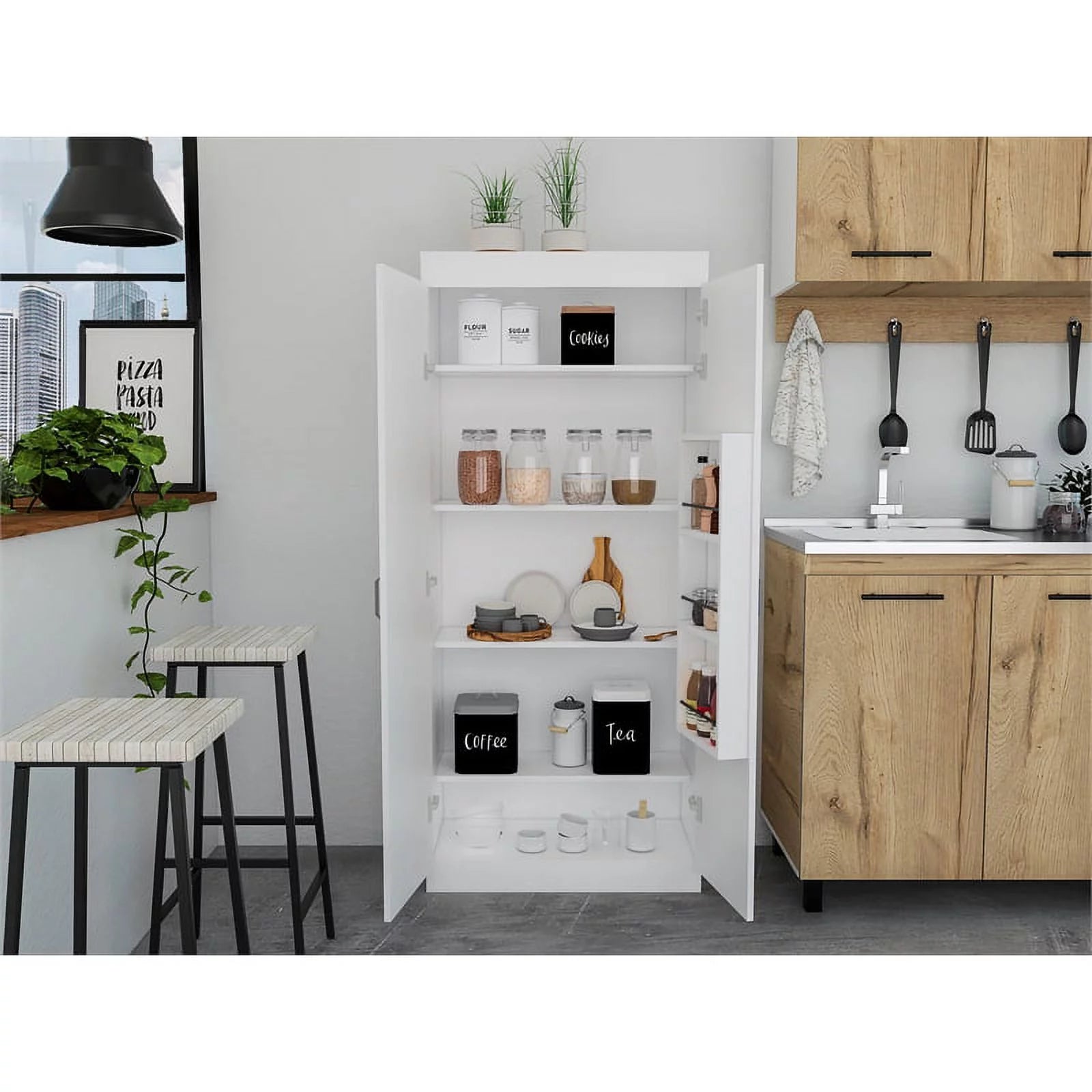 White 5-Shelf Engineered Wood Pantry Cabinet U981