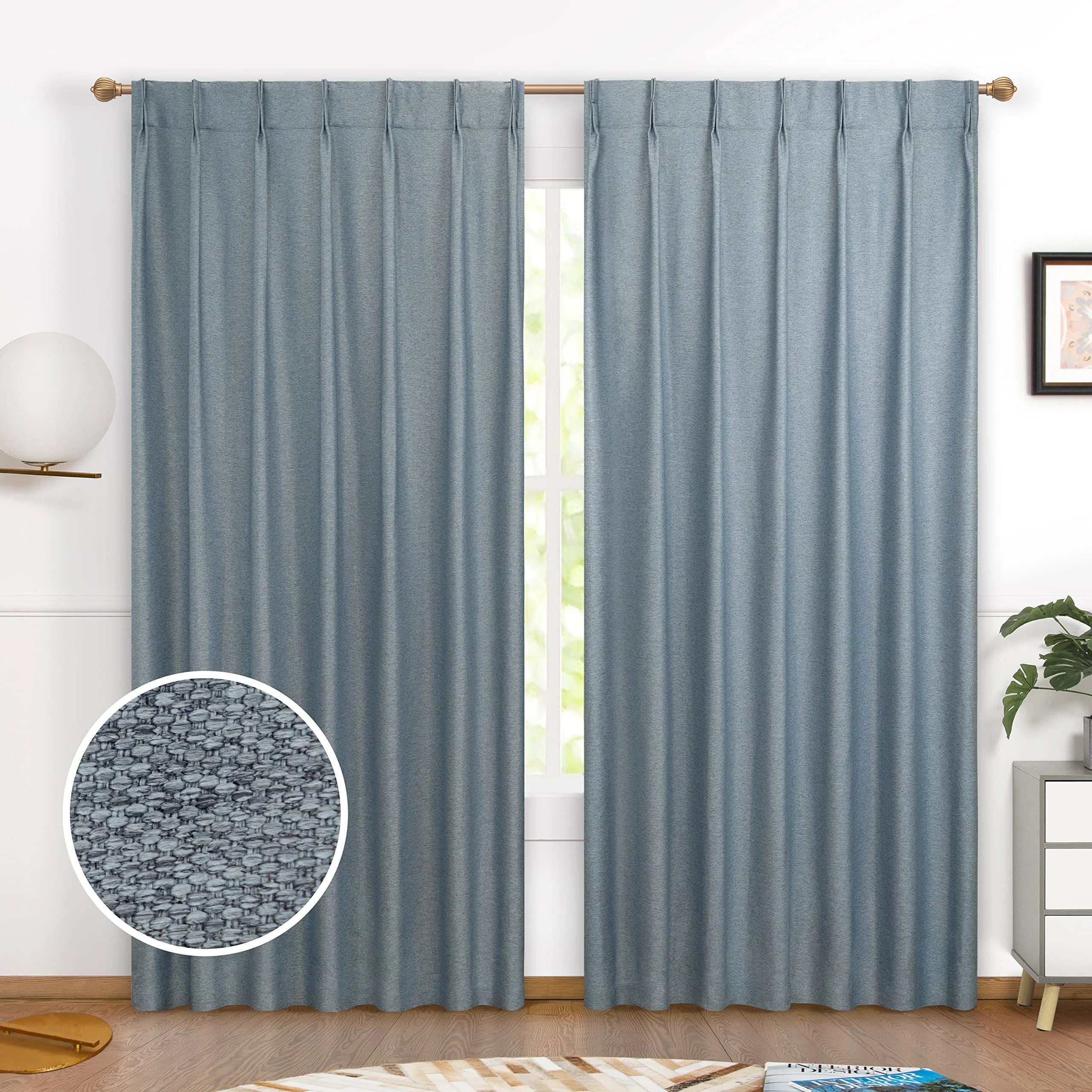 Dusty Blue Faux Linen Blackout Curtains 84 Inches 2 Panels G58095