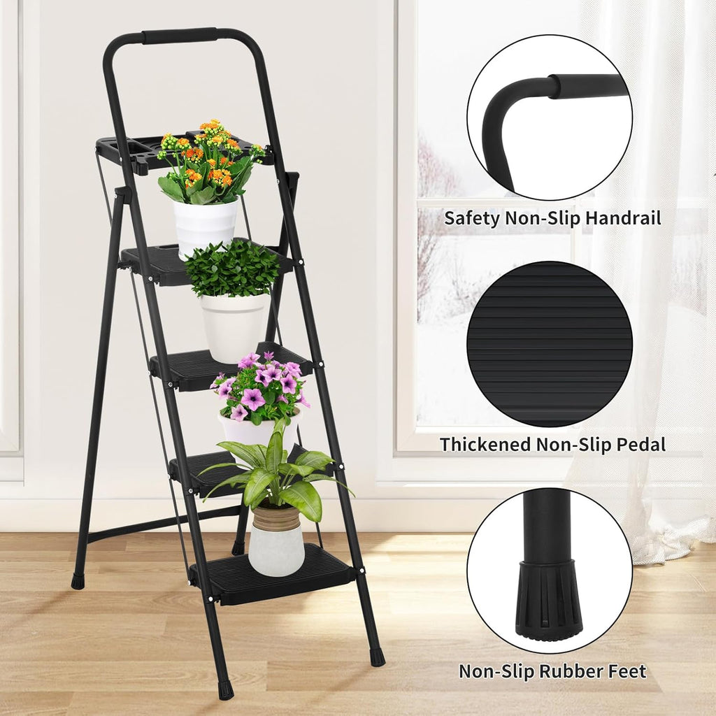 Black Steel Folding Step Stool with Tool Tray M117