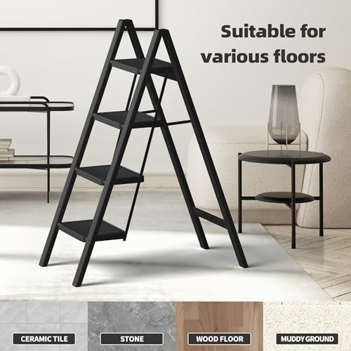 Black Steel Folding Step Ladder with Anti-Slip Wide Pedal F93590