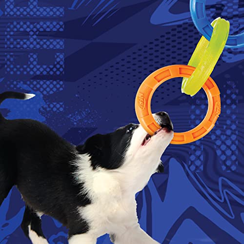 10.5in Rubber 3-Ring Tug Dog Toy, Blue/Green/Orange T467989