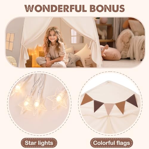 Cream Extra Large Kids Play Tent with Flags & Star Lights, 59x39x59 in H711292