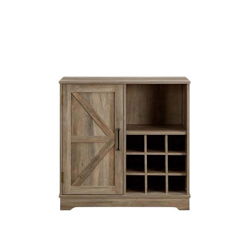 Gray Wash Wooden Coffee Bar Cabinet with Wine Rack Barn Door and Drawer S75513