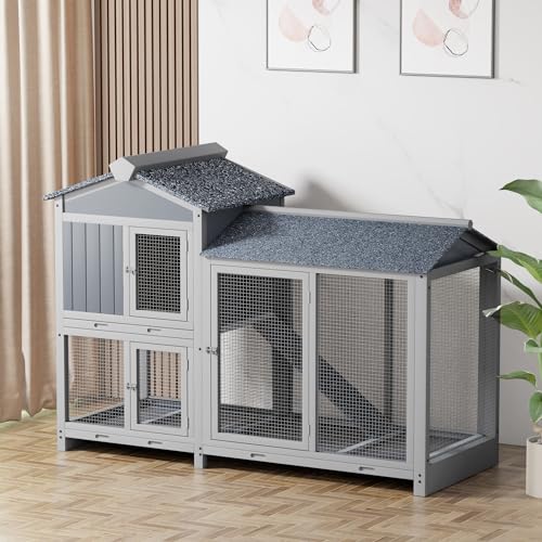 Grey 63" 2 Story Rabbit Hutch with Removable Trays B8932