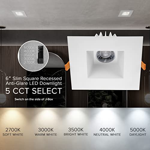 6" Ultra-Thin Recessed LED Downlight Canless IC Rated 1200 Lumens 5 Color Temperature Select Dimmable Square Black Trim 90 CRI A614