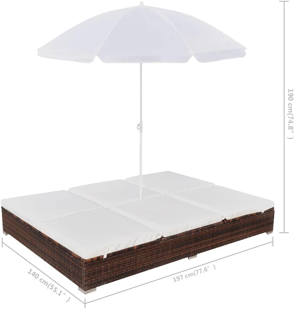 Brown Poly Rattan 2-Person Sun Lounger with Cushion and Umbrella M204