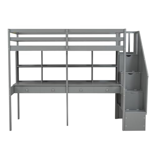 Gray Full Size Wood Loft Bed with Desk, Wardrobe and Three Storage Drawers K396673