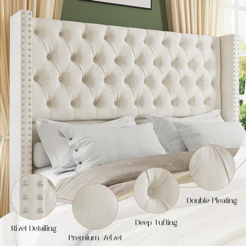 King Upholstered Bed Frame with Tall Headboard Wingback Platform Bed Tufted Deep Button Velvet Light Grey X1926
