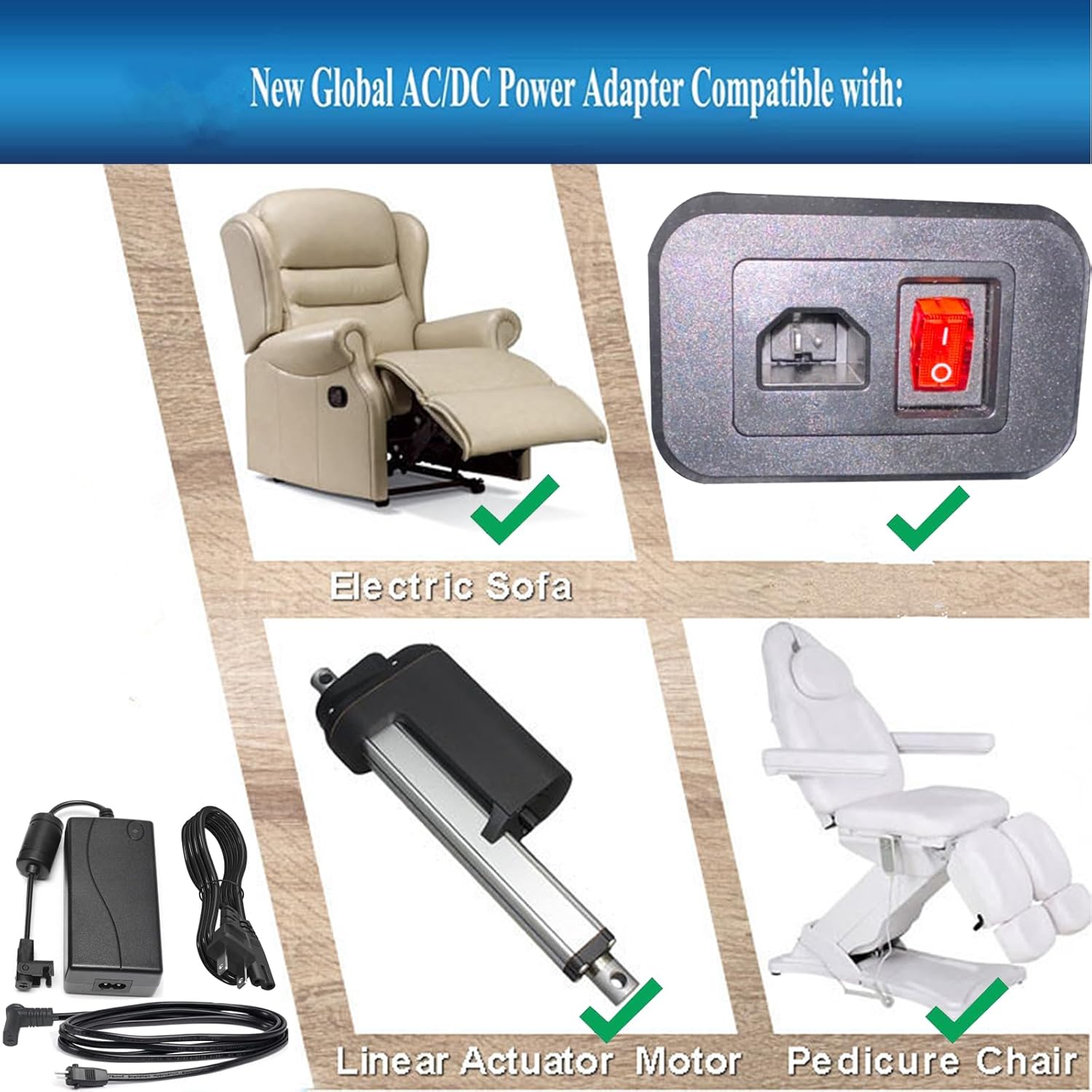 2-Pin Power Adapter with Extension L Shape Cable Cord for Lift Chair I87723