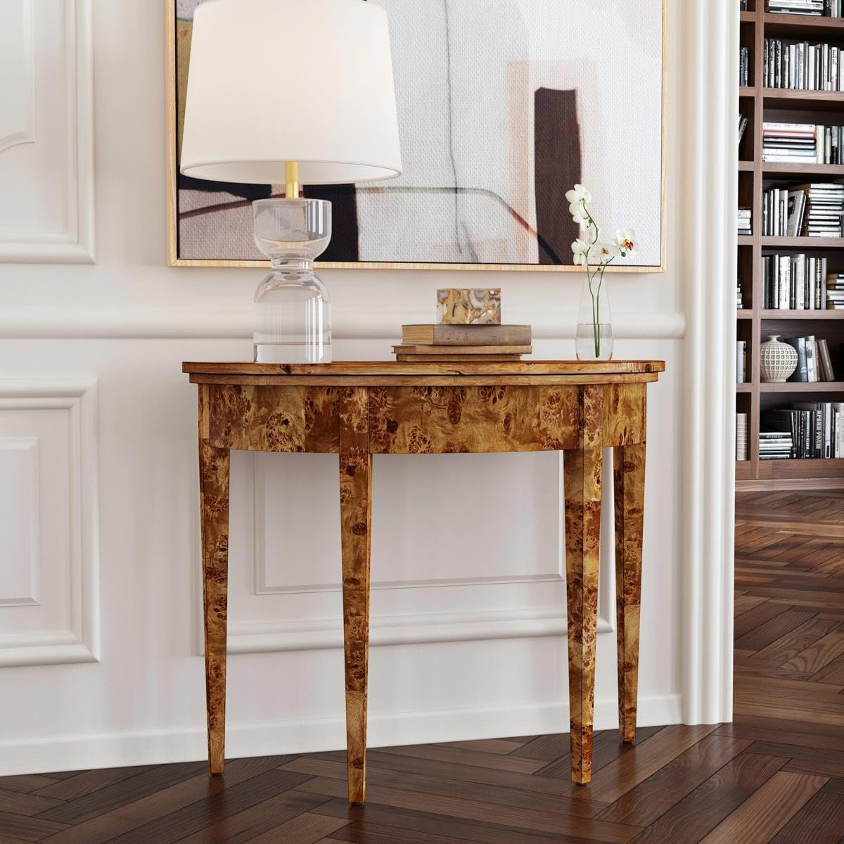 Brown Burl Wood Demilune Console Table Z2239
