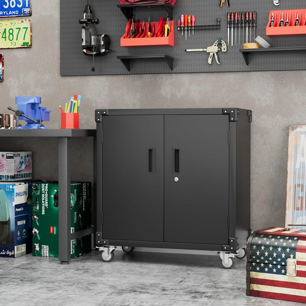 Black Metal Steel Storage Cabinet with Wheels and Pegboard I9212