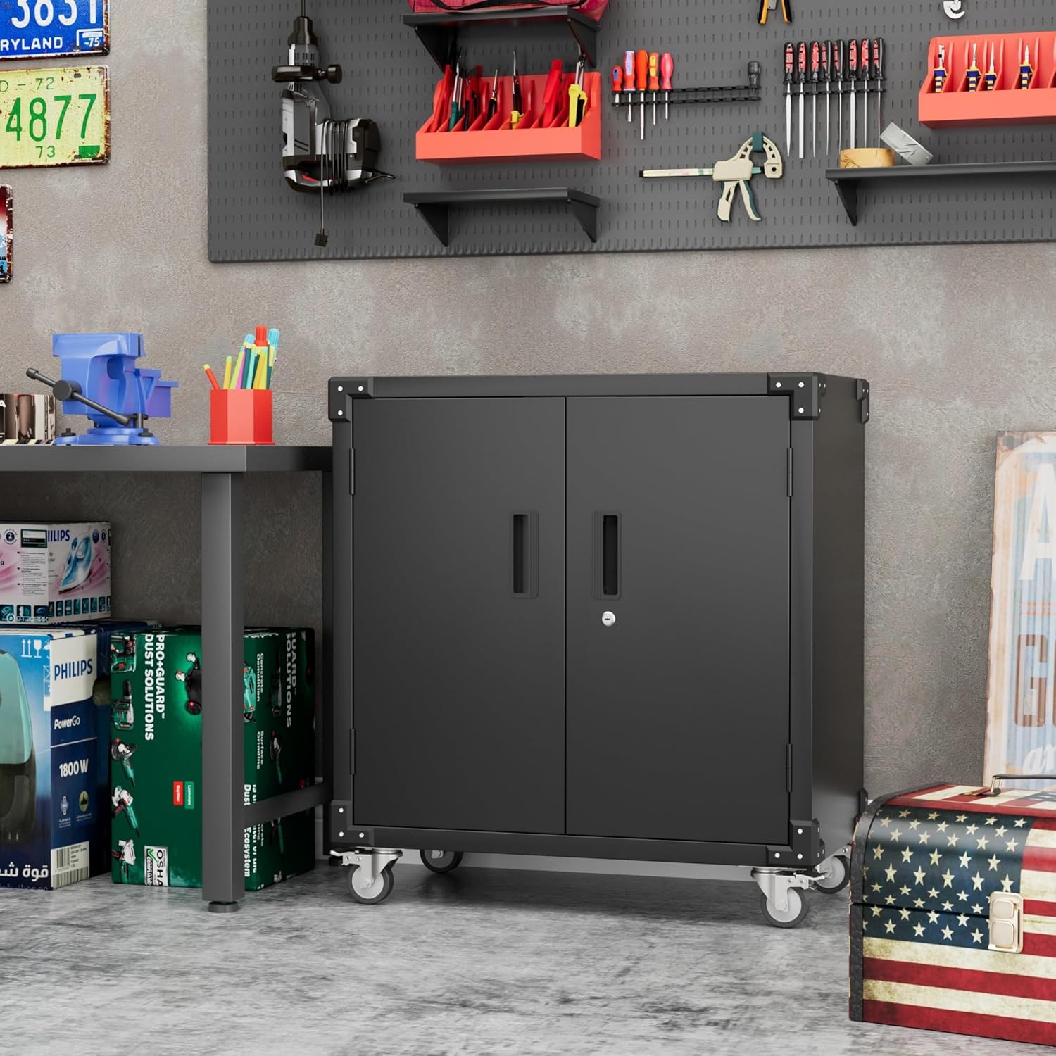 Black Metal Steel Storage Cabinet with Wheels and Pegboard I9212