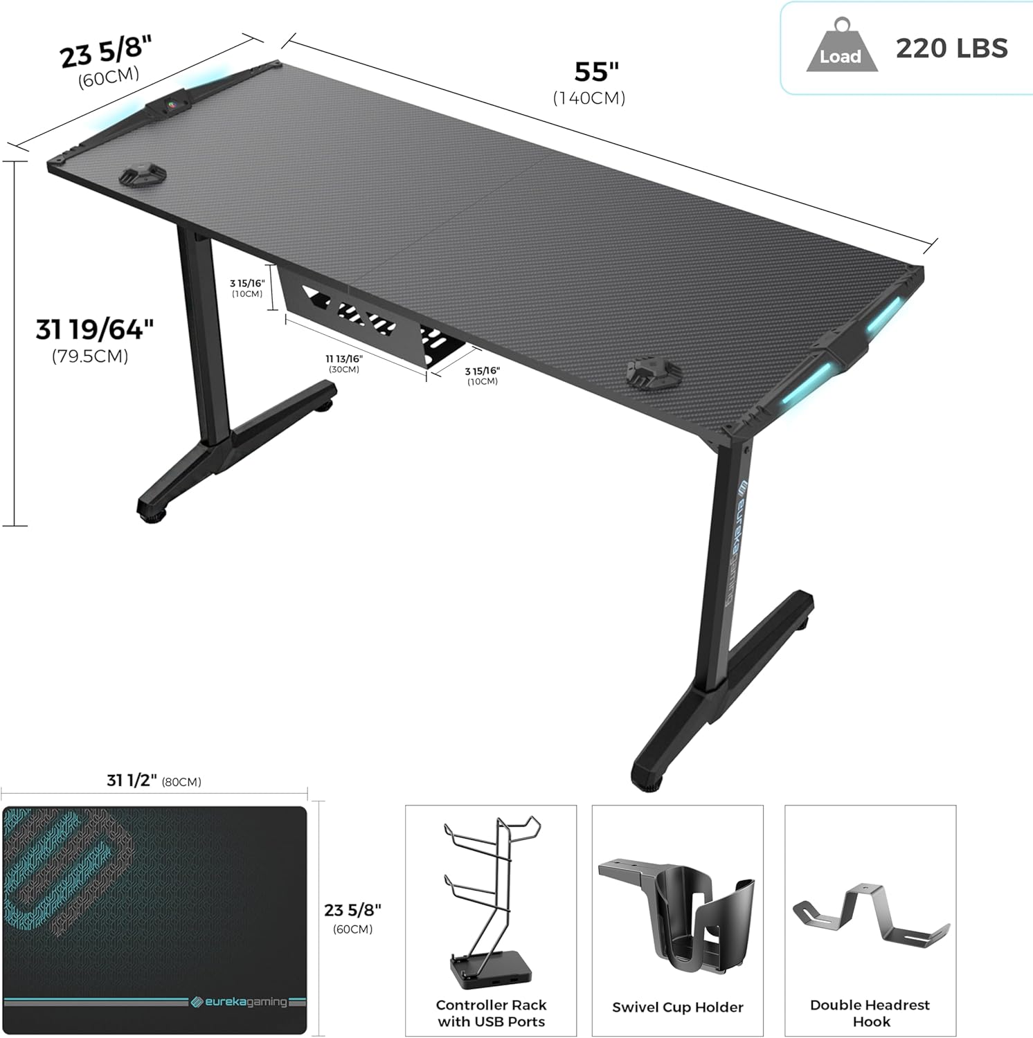 55 Inch Black Gaming Desk with USB Ports O944121