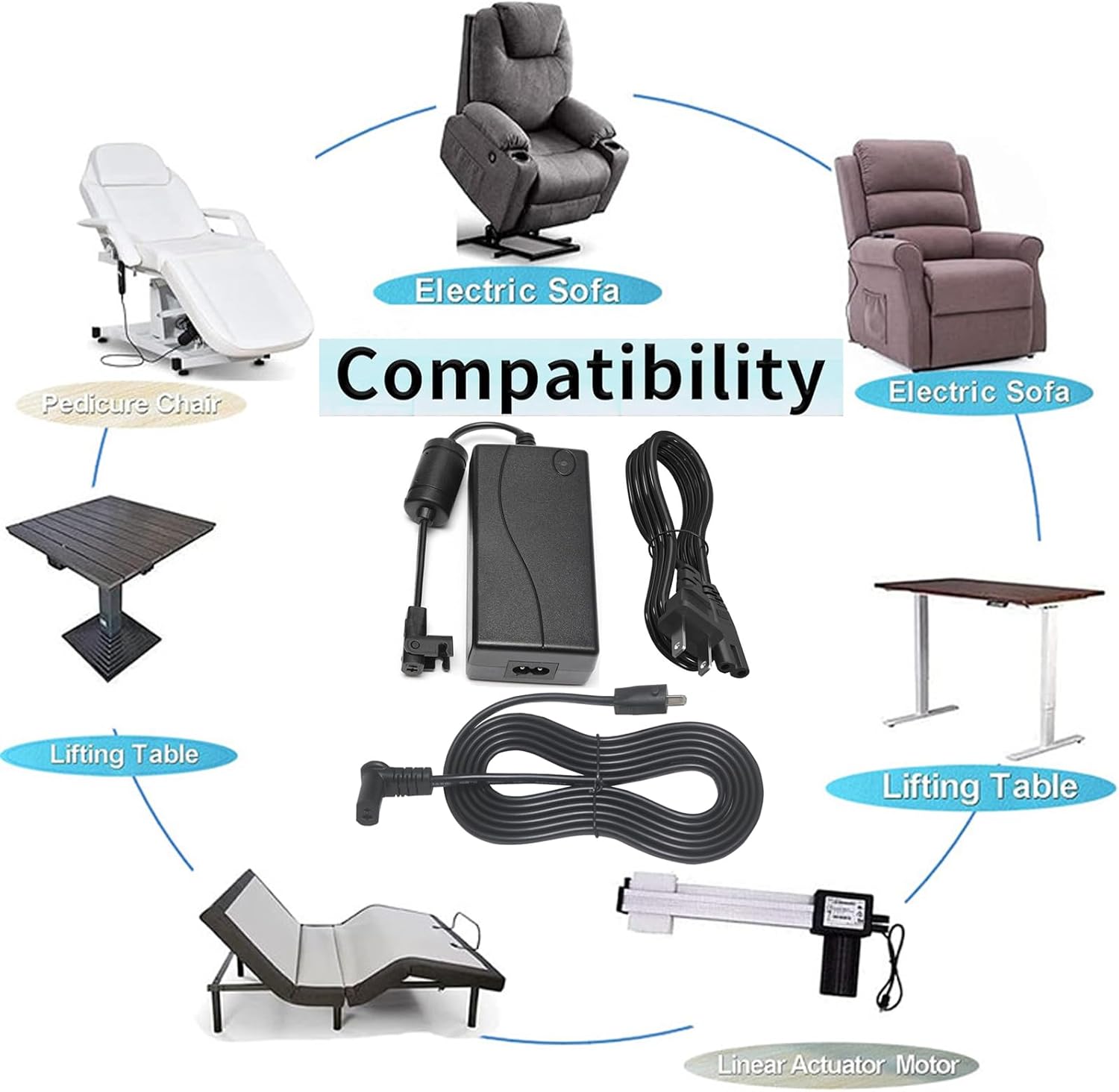 2-Pin Power Adapter with Extension L Shape Cable Cord for Lift Chair I87723