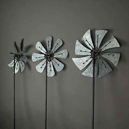 Set of 3 Galvanized Grey Wind Spinner Garden Stakes, 41 Inches High P366833