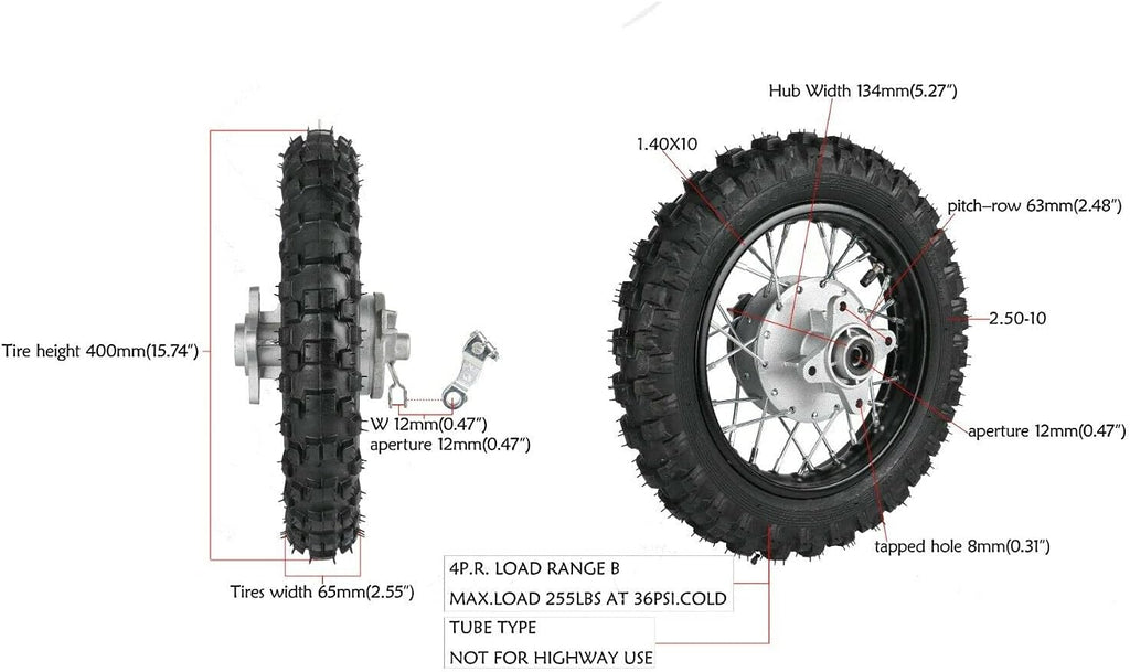 2.5-10" Rear Wheel Tire Assembly for Dirt Pit Bike C530