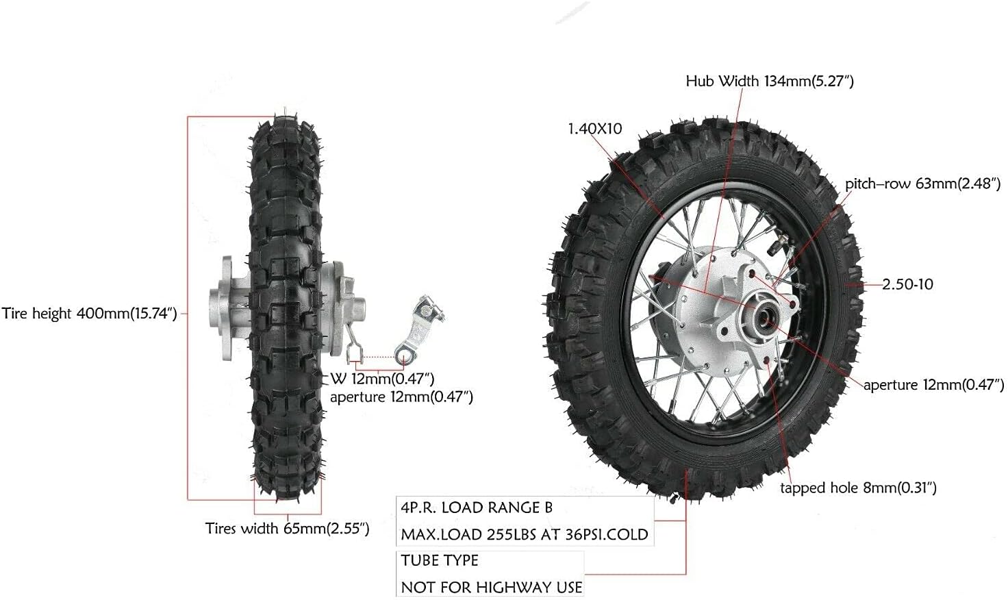 2.5-10" Rear Wheel Tire Assembly for Dirt Pit Bike C530