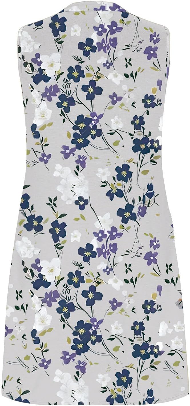 Women Casual A-Line Dress with Pockets Sleeveless V Neck Tshirt Dress Loose Pleated Flowy Dress P754