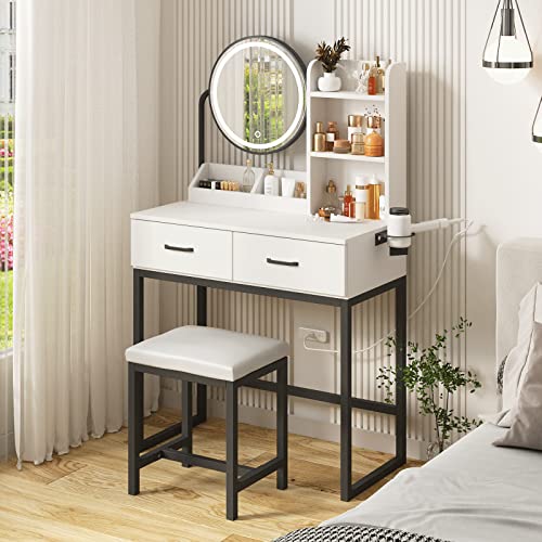 White Vanity Desk with Round Mirror and Lights and Hair Dryer Rack (Brown and Black, 15.75 * 31.5 * 53.6in) M372
