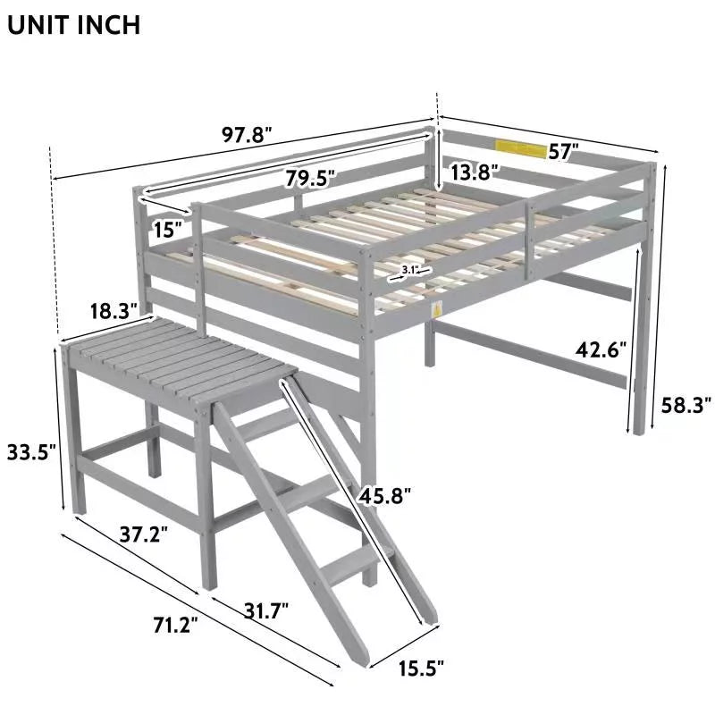 Gray Full Wood Loft Bed with Safety Rail and Ladder H69359