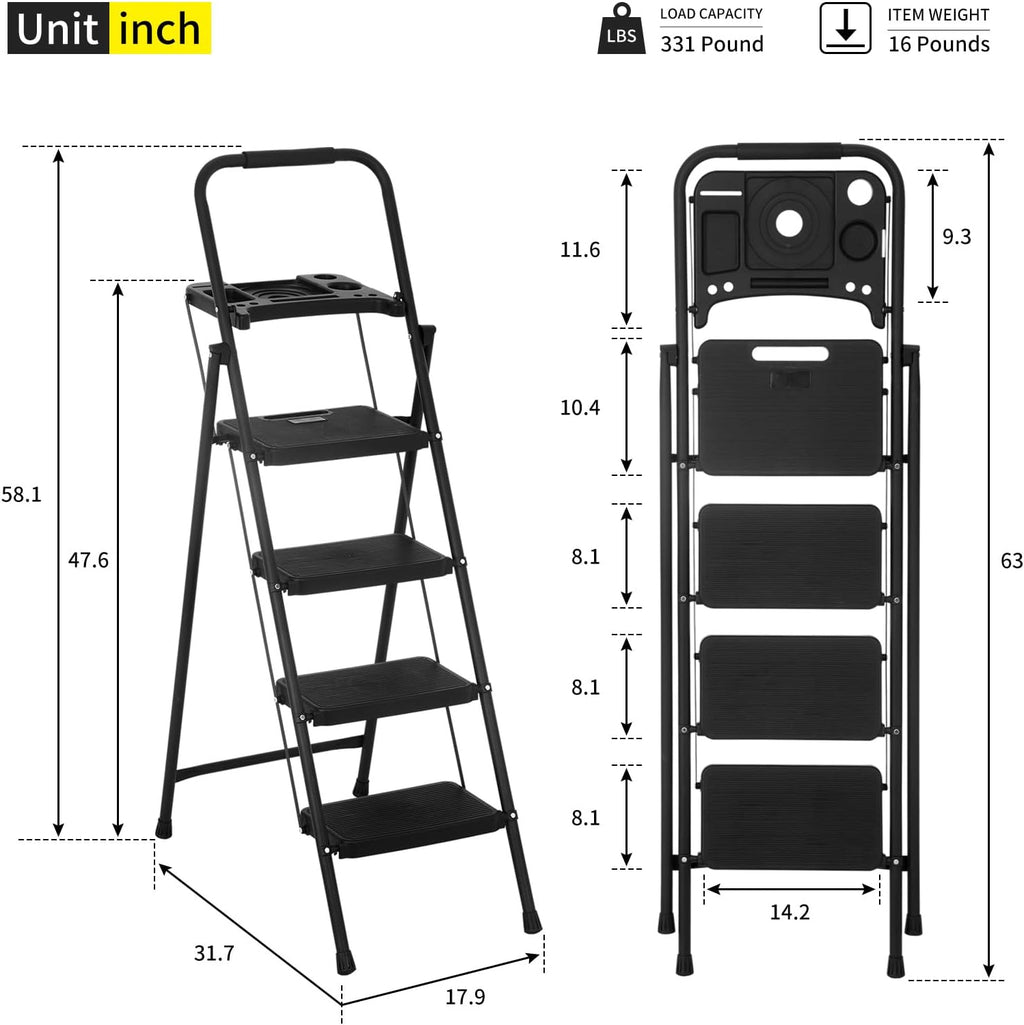 Black Steel Folding Step Stool with Tool Tray M117