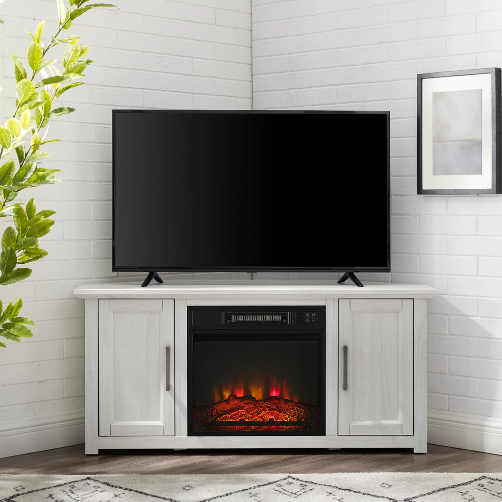Whitewash Wood Corner TV Stand with Fireplace G522609