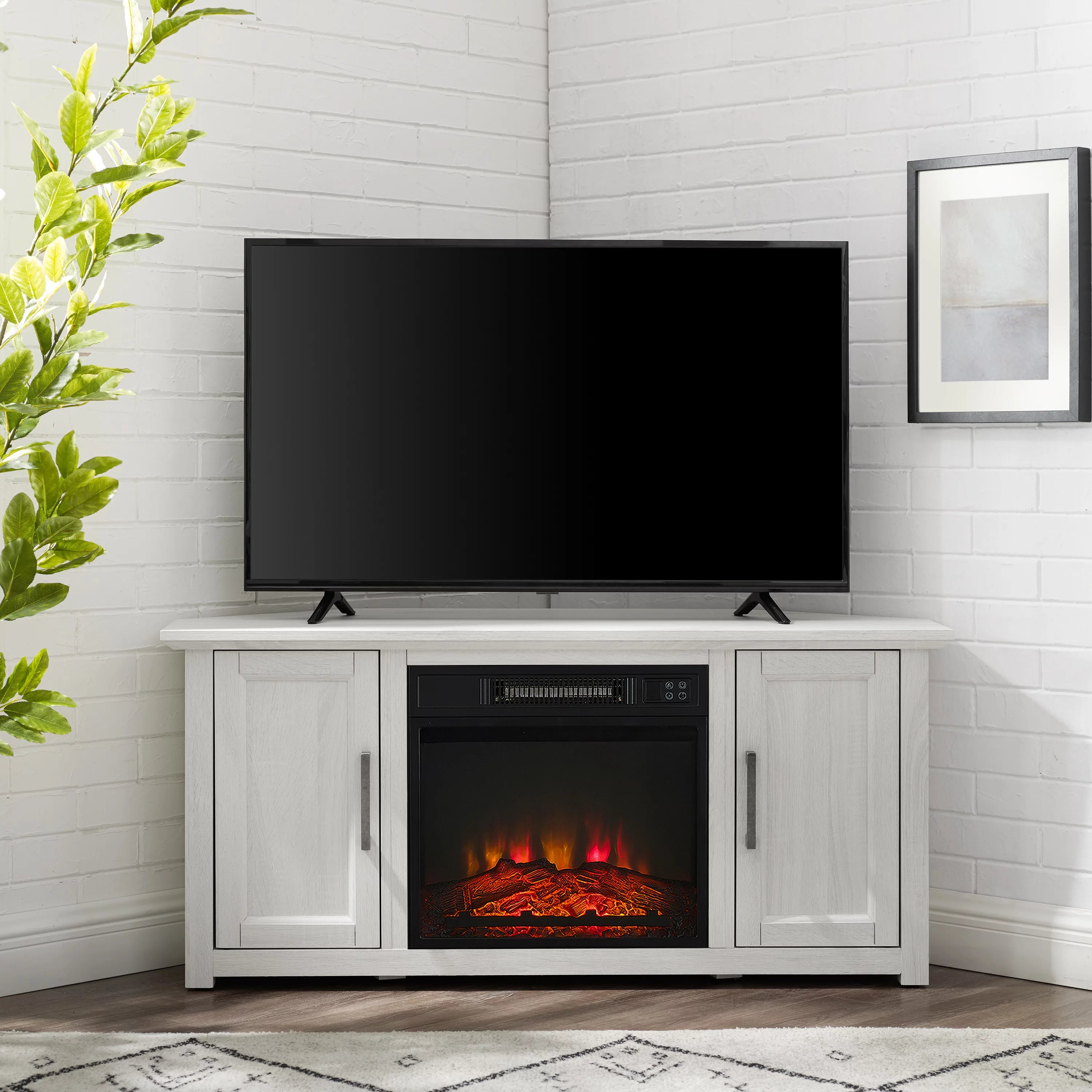 Whitewash Wood Corner TV Stand with Fireplace G522609