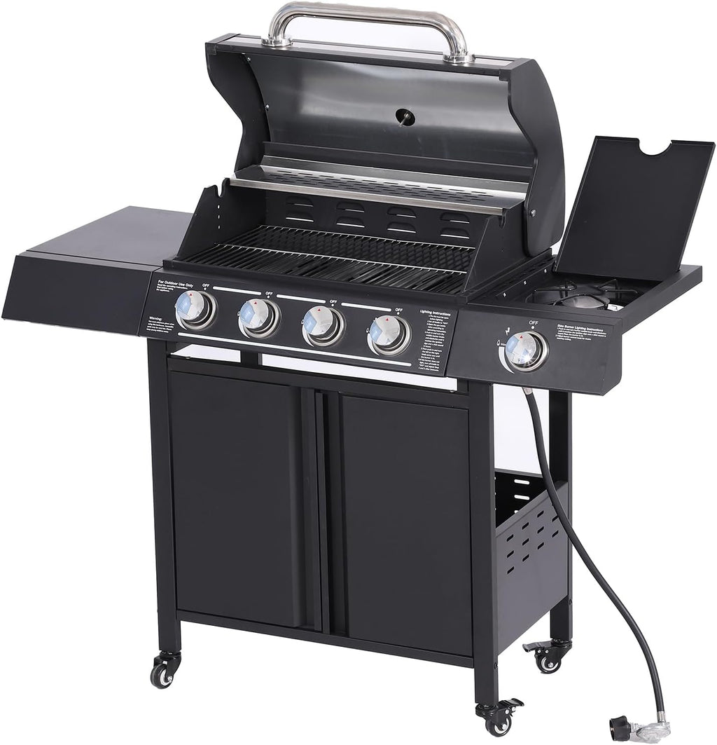 4-Burner Propane Gas BBQ Grill with Side Burner, Cast Iron 50,000 BTU Stainless Steel Grates P59496