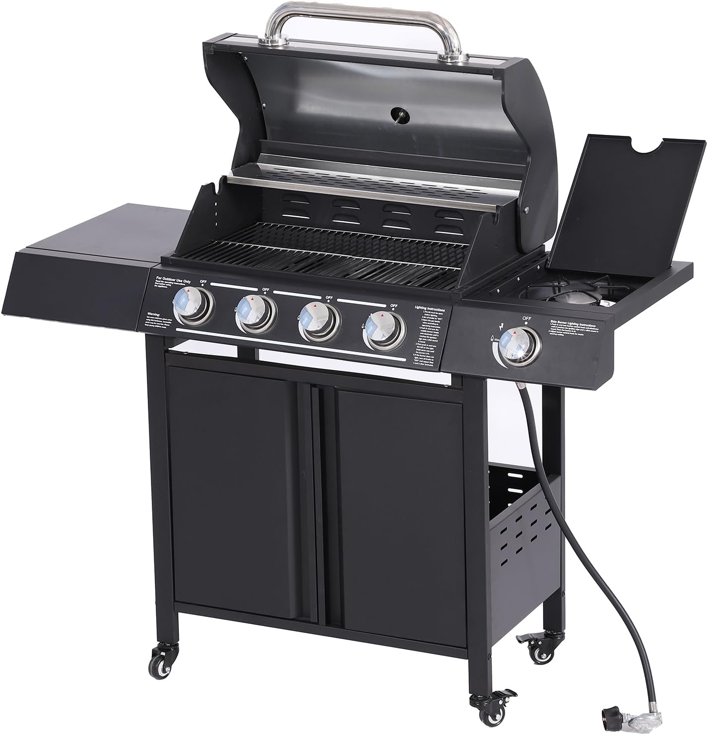 4-Burner Propane Gas BBQ Grill with Side Burner, Cast Iron 50,000 BTU Stainless Steel Grates P59496