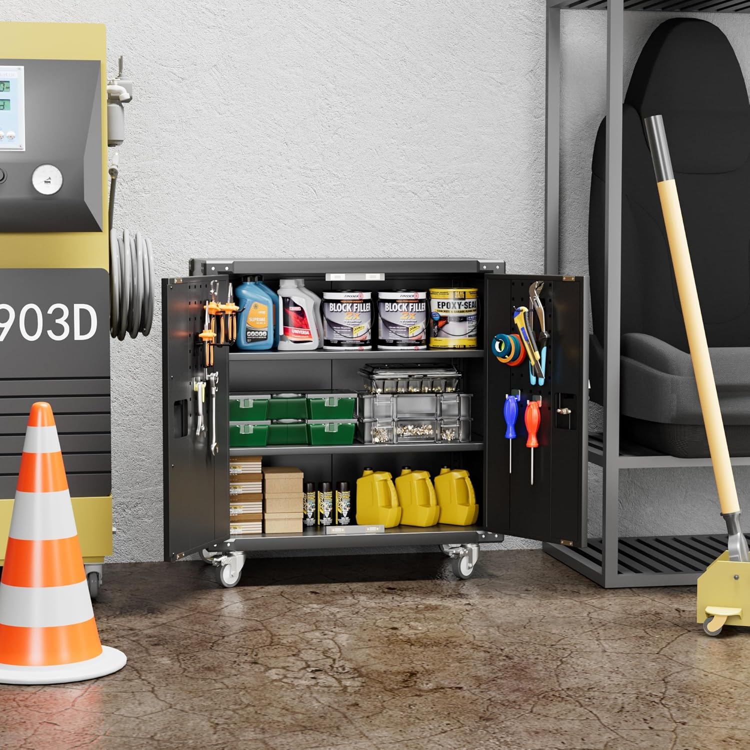 Black Metal Steel Storage Cabinet with Wheels and Pegboard I9212